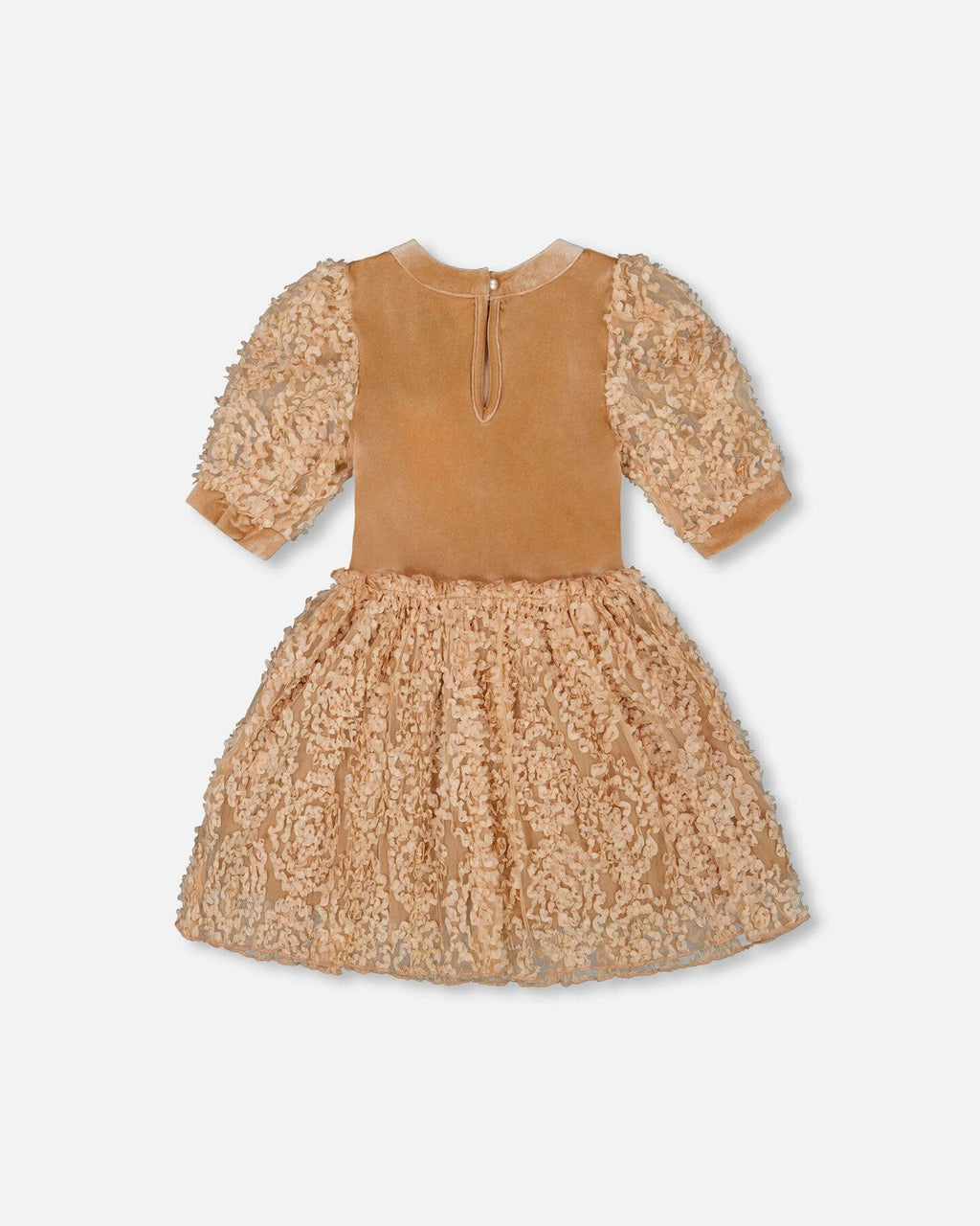Puff Sleeve Bi-Material Velour And Lace Dress Light Caramel