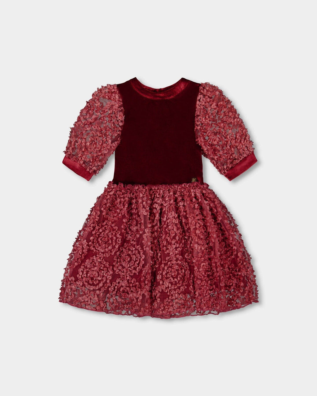 Puff Sleeve Bi-Material Velour And Lace Dress Red