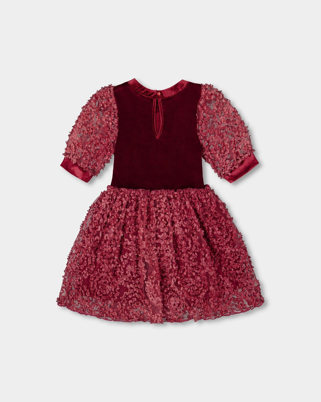 Puff Sleeve Bi-Material Velour And Lace Dress Red