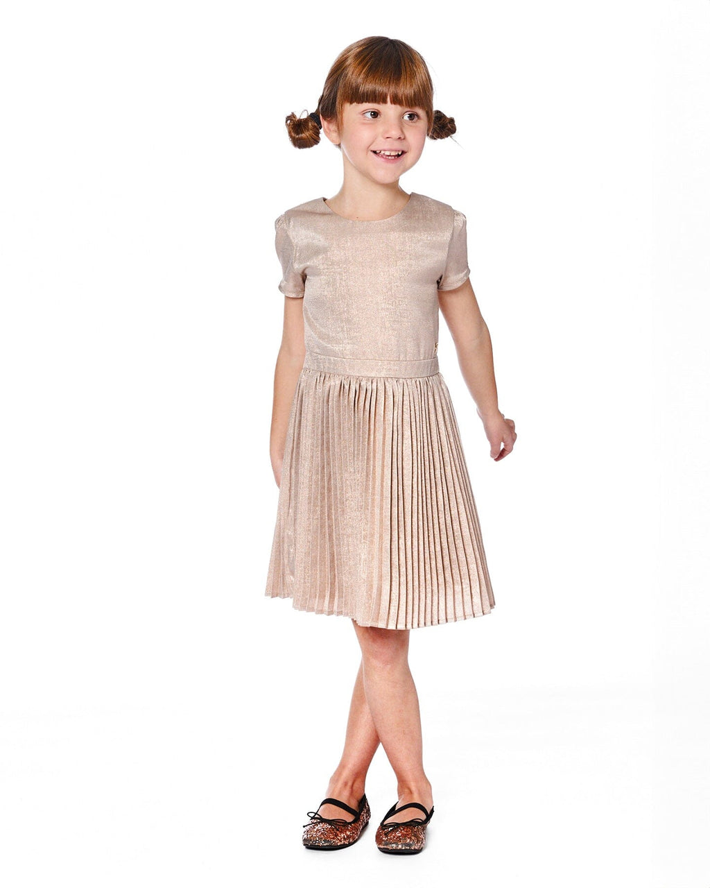 Short Sleeve Dress With Pleated Skirt Light Caramel