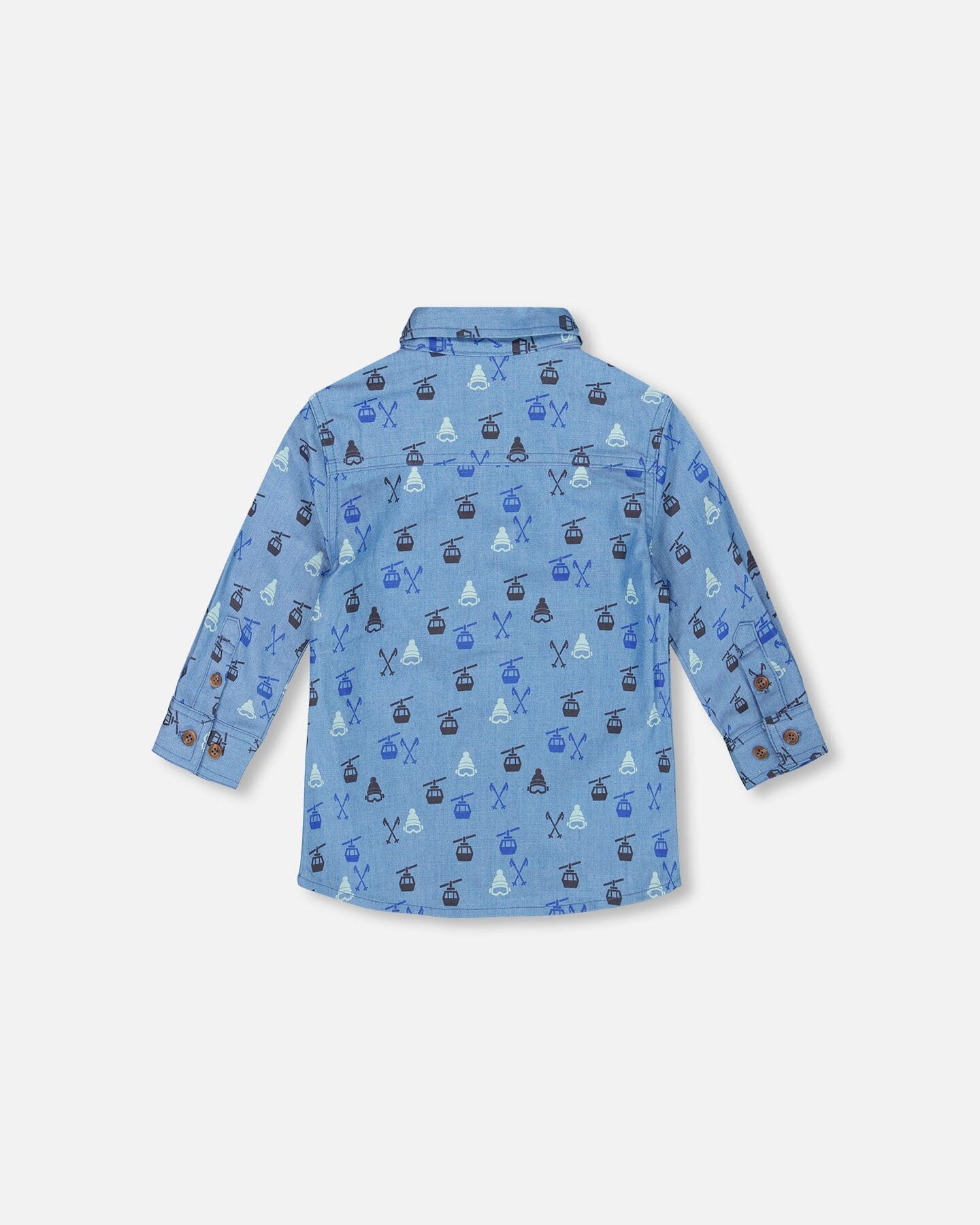 Printed Long Sleeve Button Front Chambray Shirt Blue