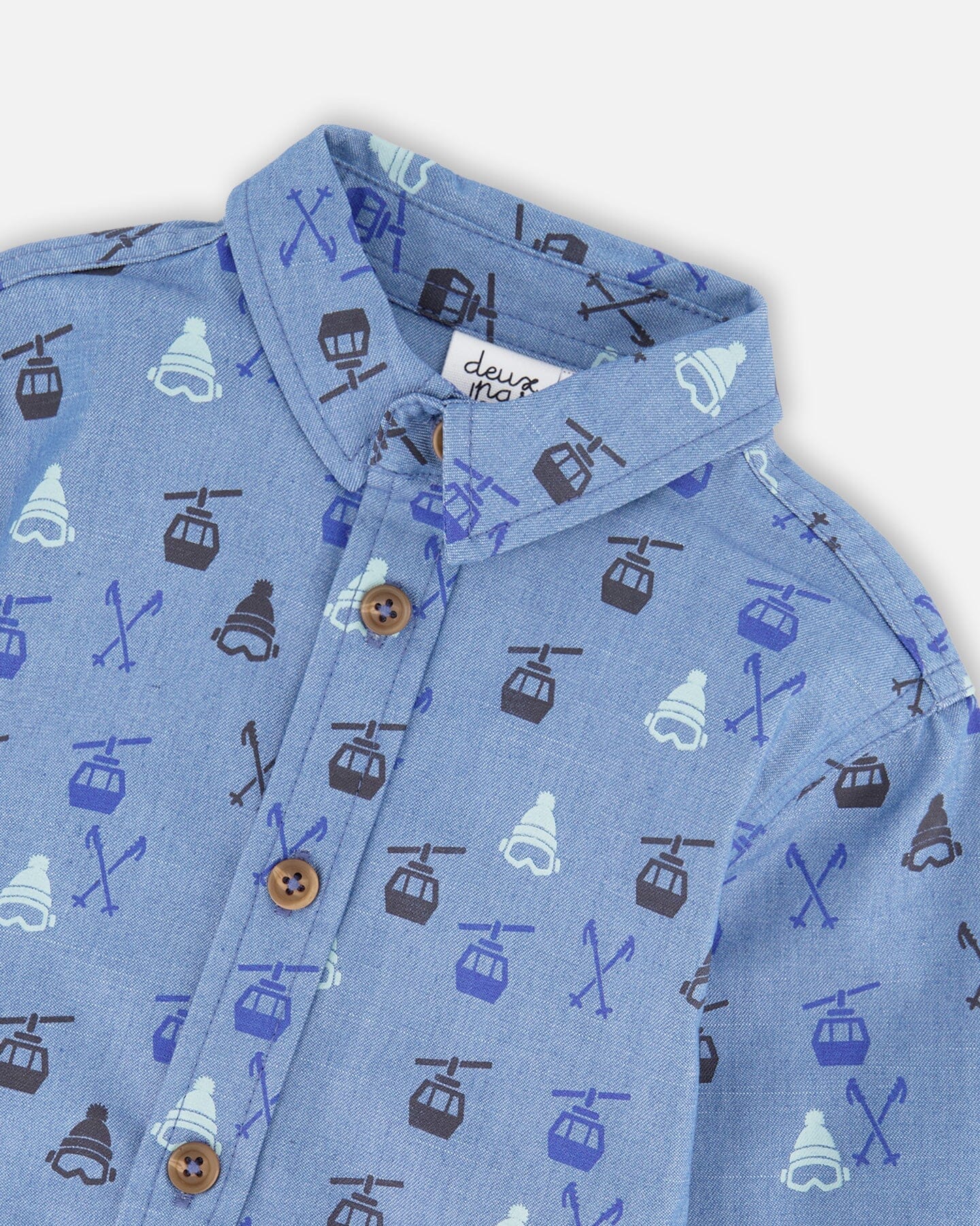 Printed Long Sleeve Button Front Chambray Shirt Blue