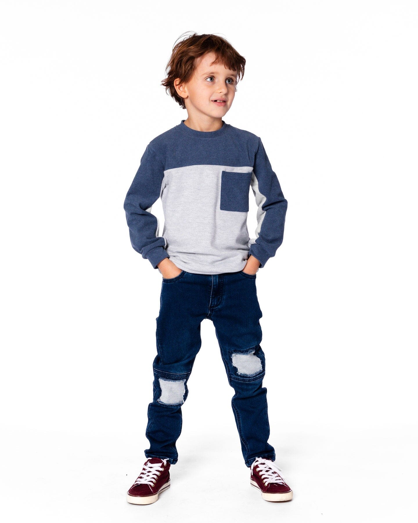 Long Sleeve Super Soft Brushed Jersey Top Color Block Light Heather Gray