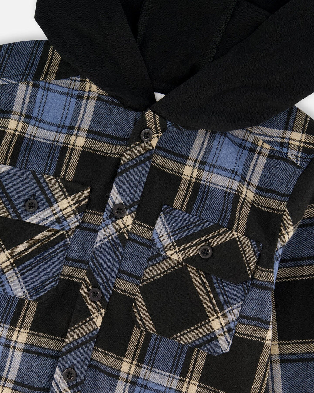 Long Sleeve Hooded Flannel Shirt Blue And Black