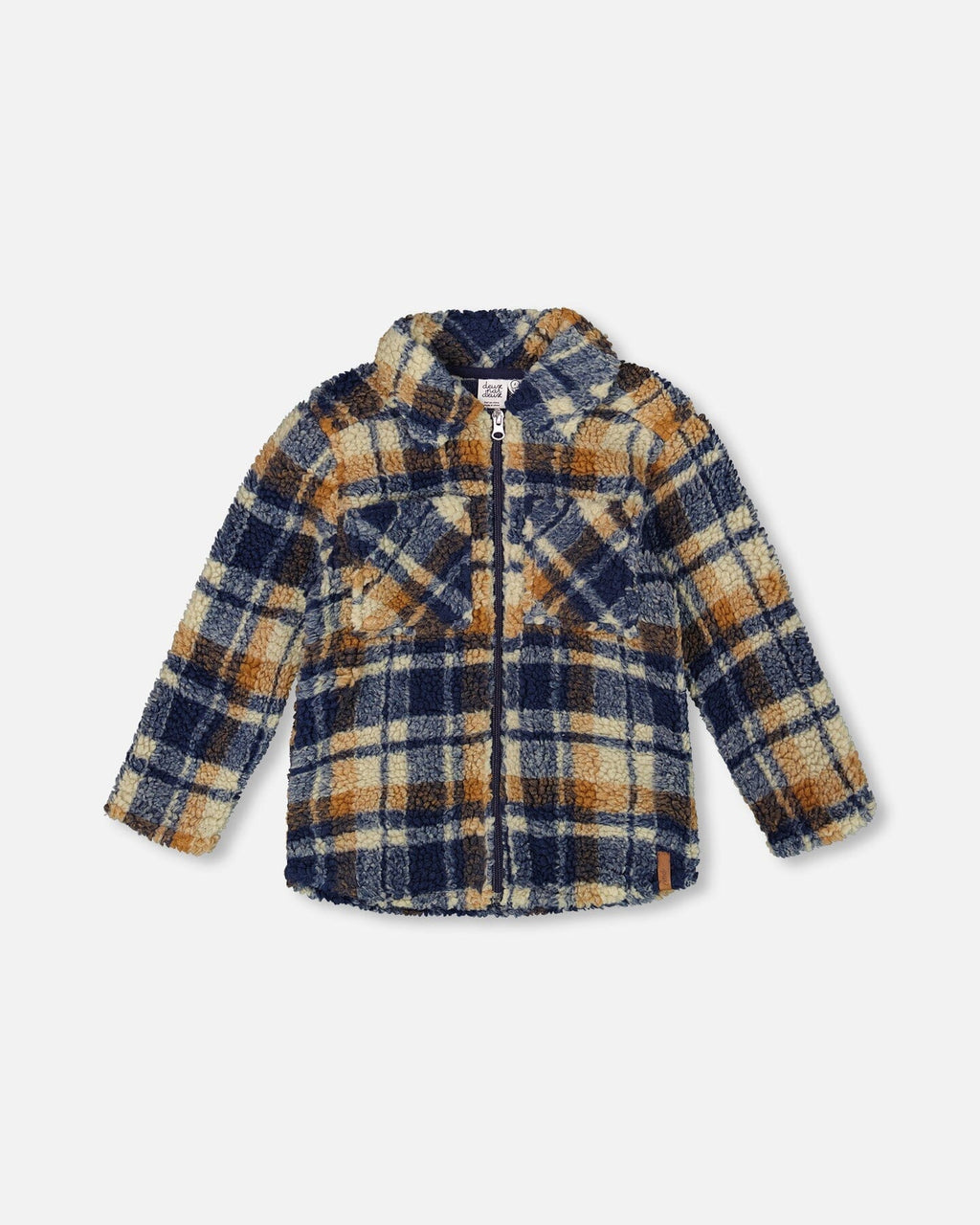 Sherpa Long Sleeve Zip Front Overshirt Blue And Brown Plaid
