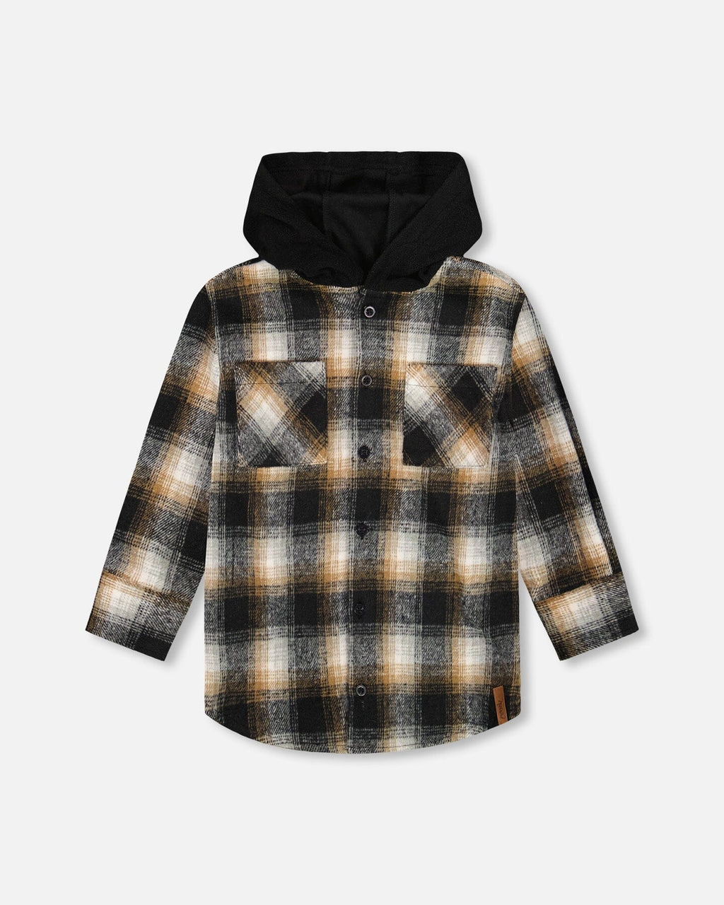 Hooded Polar Fleece Overshirt With Hood Black And Brown Plaid