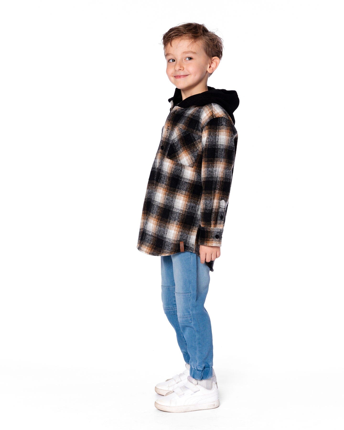 Hooded Polar Fleece Overshirt With Hood Black And Brown Plaid
