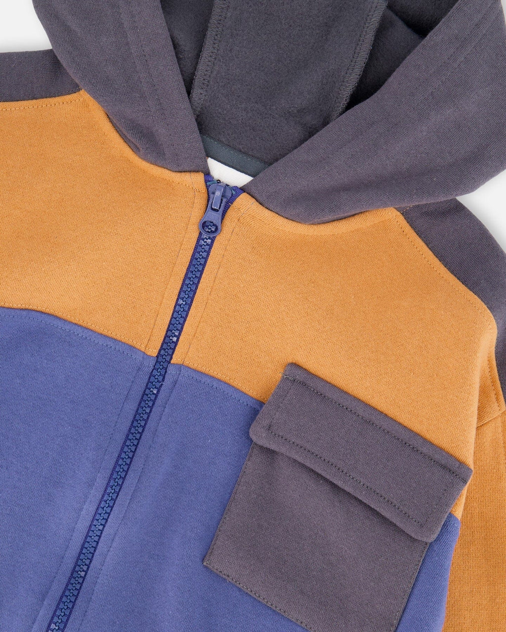 Full Zip Fleece Color Block Sweatshirt Blue