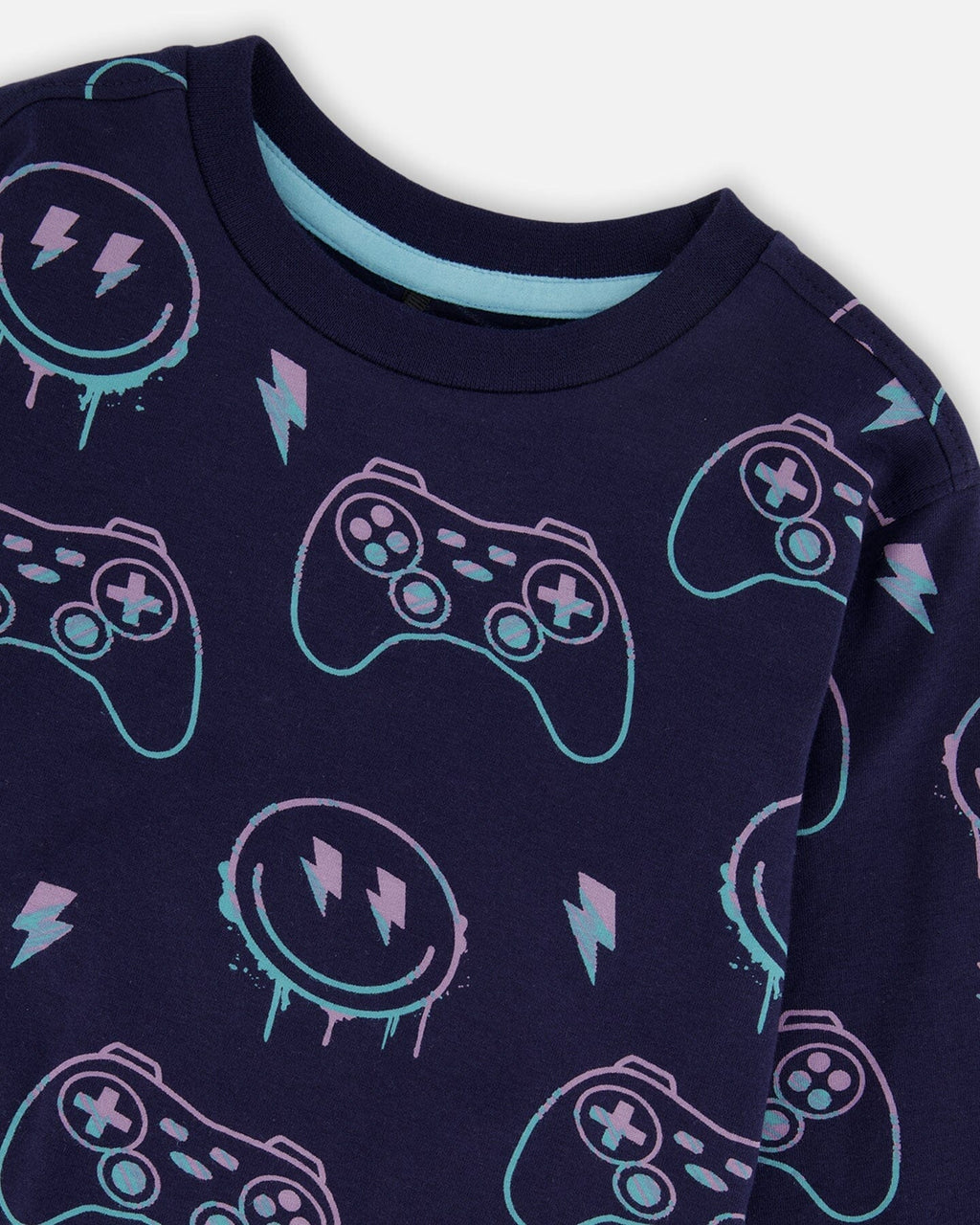 Long Sleeve Organic Cotton Allover Print Tee Navy Blue