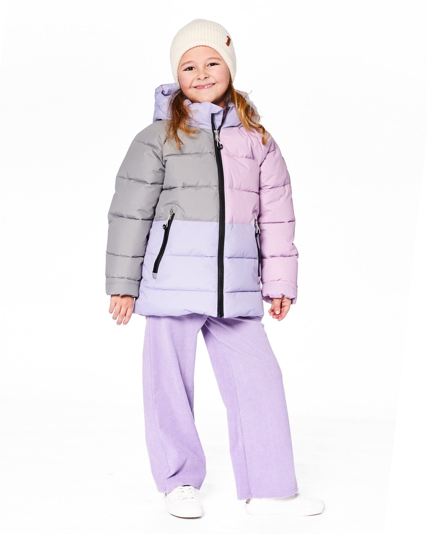 Colorblocked Puffy Winter Coat Purple Gray