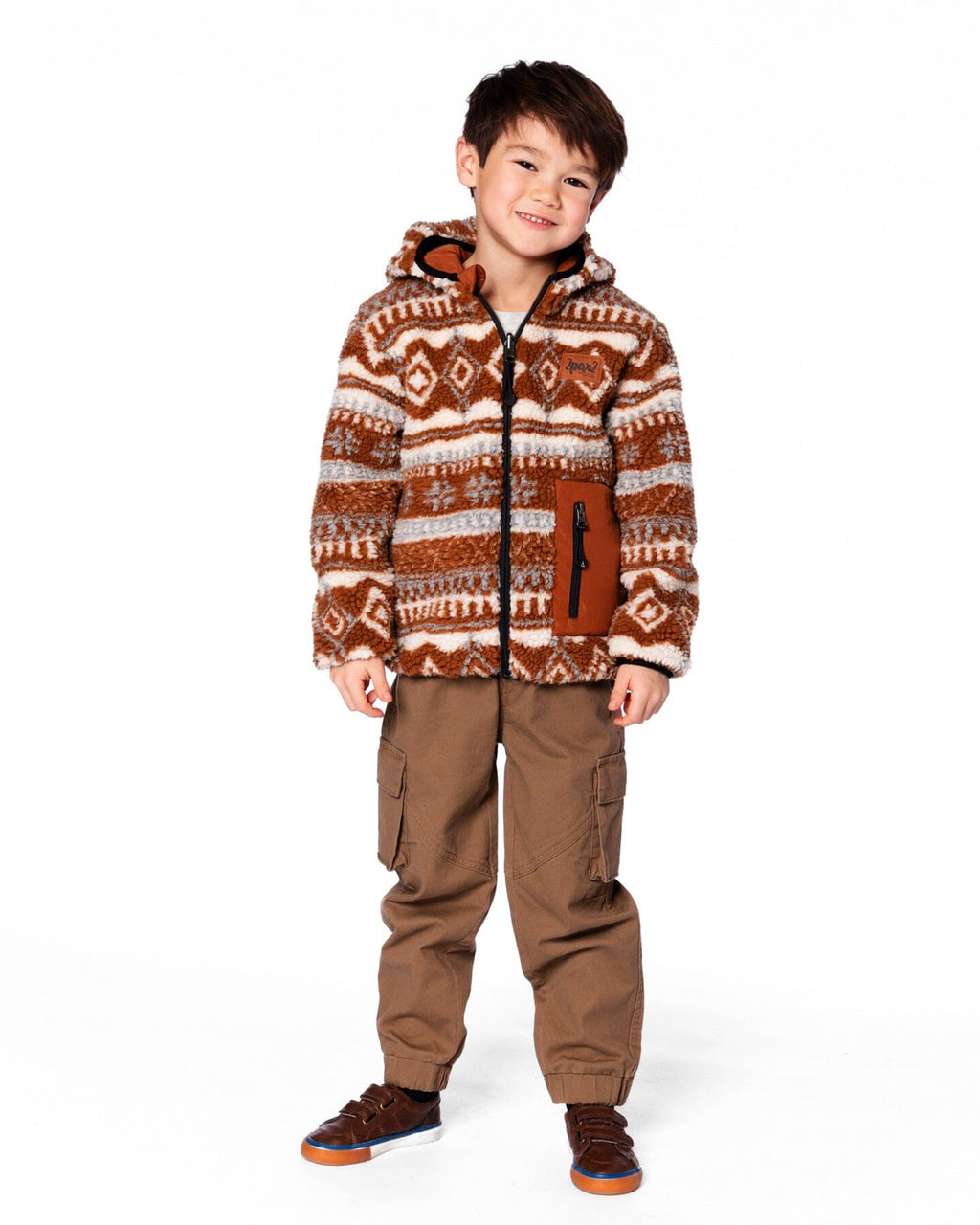 Reversible Mid-Season Sherpa Jacket Brown Aztec Pattern