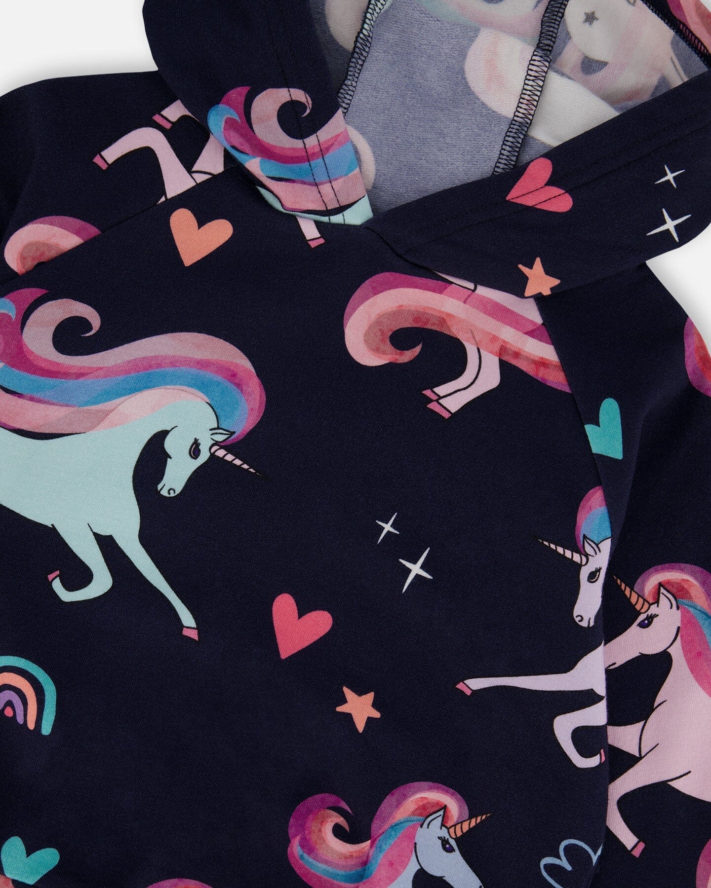 Pullover Fleece Hoodie Navy Unicorn Print