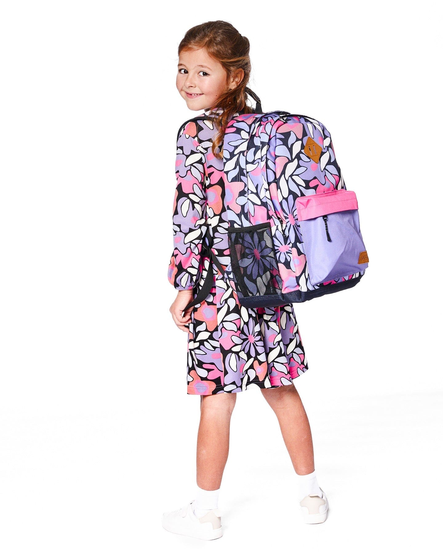Kids Backpack Black Retro Flower Print